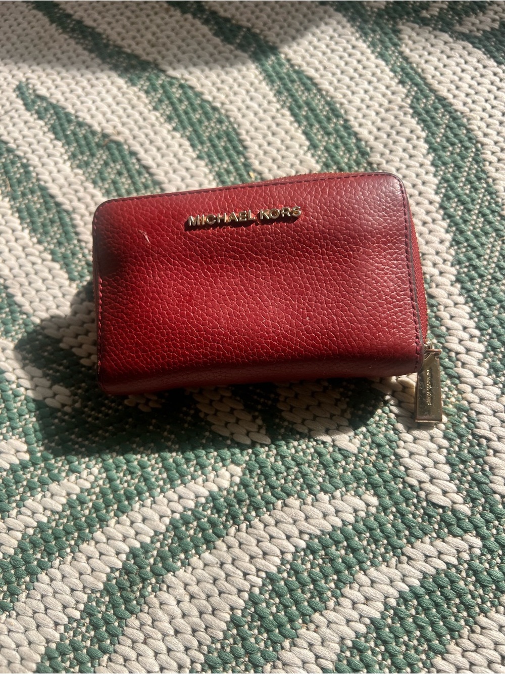 Michael Kors Burgundy Pebbled Leather Zip Card Holder with Gold Hardware